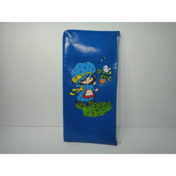 Vintage Strawberry Shortcake Blue Vinyl Pencil Pouch Retro 80s Zipper Case EUC