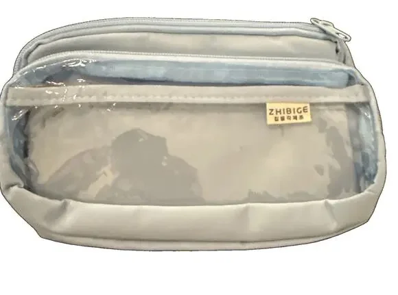 Triple Compartment Pencil Pen Case Pouch Bag Cosmetic Storage School Light Blue