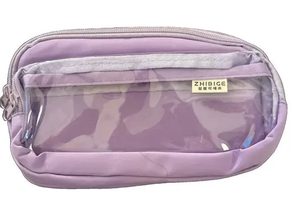 Triple Compartment Pencil Case Pouch Pen Bag Cosmetic Storage School Clear Front