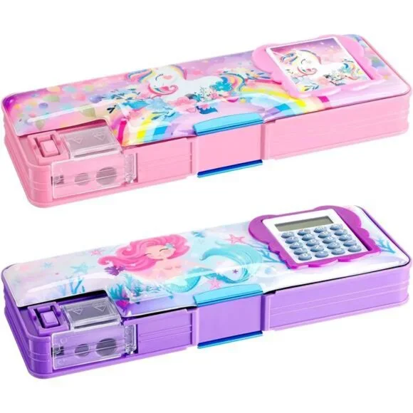 2-Piece Unicorn & Mermaid Pencil‎ Box: Multifunctional w/ Calculator & Sharpener