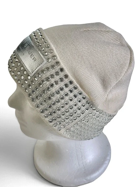 Kurt Geiger London Ivory Crystal Embellished Silver Wool Blend Beanie NWOT