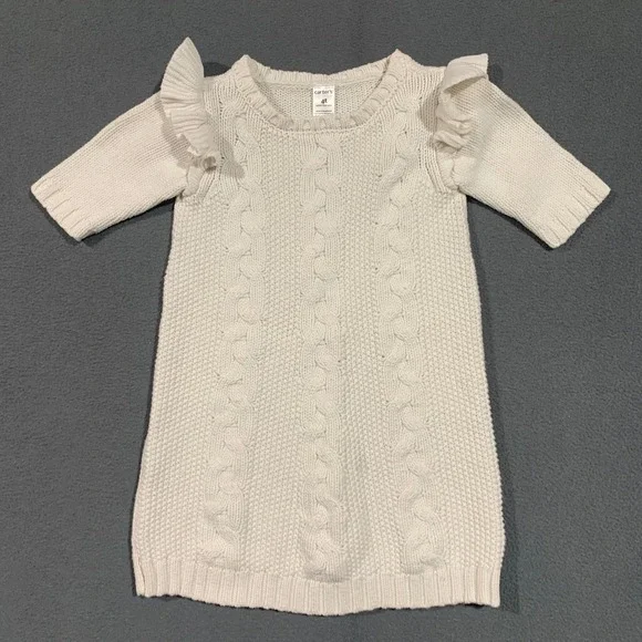 Carters Girl's White Cable Knit Ruffle Sweater Dress Short Sleeve‎ Size 4T