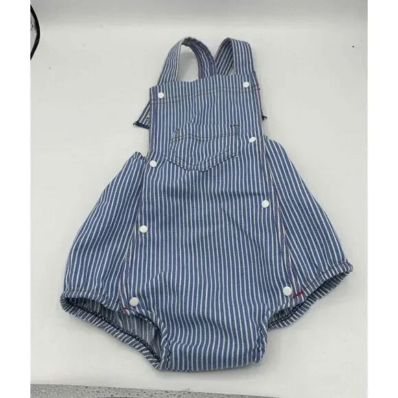 Vintage Carter's Blue White Pinstripe Baby Bubble Romper Overalls Snap On 24 mth