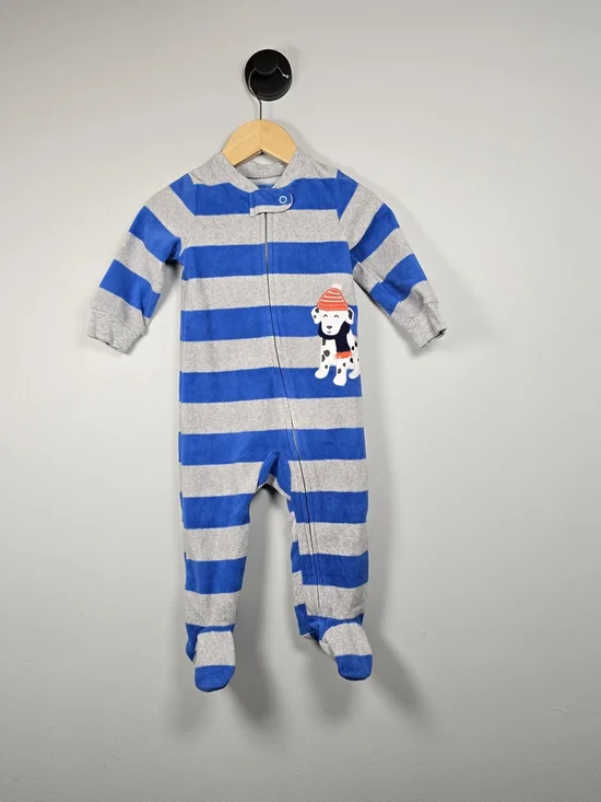 Carter's Blue & Gray Striped Fleece Footed One-Piece with Puppy Patch 9M