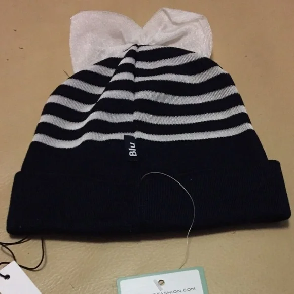 NWT FEDERICA MORETTI Navy Blue White Striped Bow BEANIE