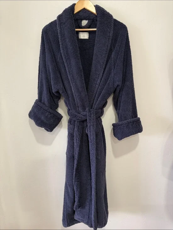 Frette Navy Plush Turkish Terry Cotton Shawl-Collar Bath Robe with Belt- L