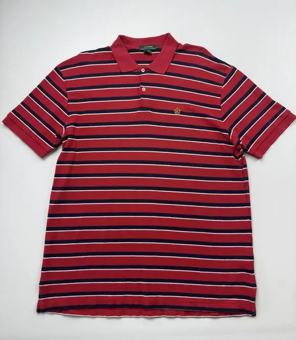 Lauren Ralph Lauren Polo Shirt Mens XL Red Striped Embroidered Crest Logo Knit