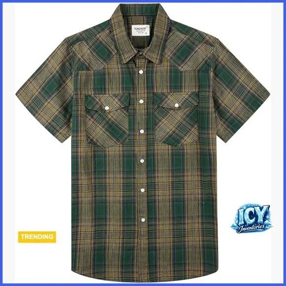Men's Western Pearl Snap Button Down Shirt 100% Cotton Short Sleeve