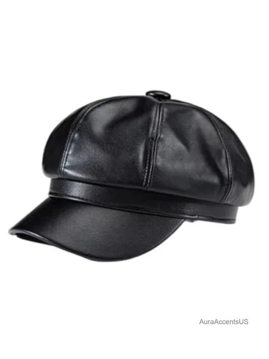 PU Leather Newsboy Hat Vintage Beret Cap Baker Boy Cabbie Hats