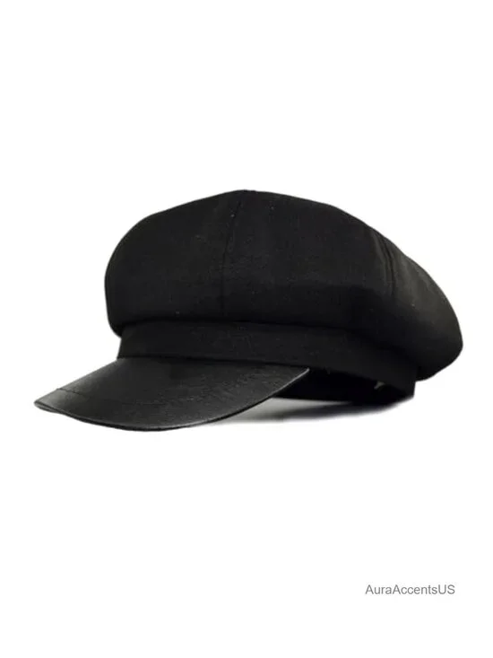 Wool Blend Newsboy Cap PU Leather Brim 8 Panel Cabbie Hat