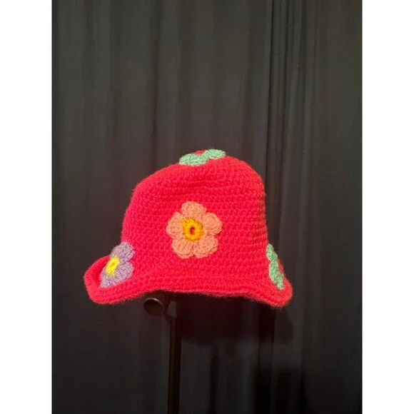 Hot Pink Crochet Flower Bucket Hat Y2K Festival Cottagecore