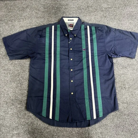 Vintage Bugle Boy Classics Mens Button Down Shirt XXL Navy Green Striped 90s