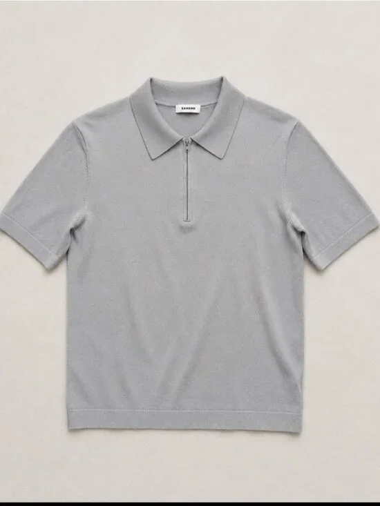 Sandro Paris Knit Zip Polo Shirt Men Medium Gray Acetate Blend Short Sleeve