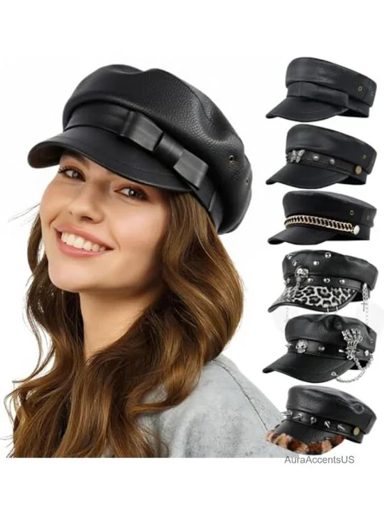 PU Leather Newsboy Cap Flat Top Punk Rock Y2K Hat