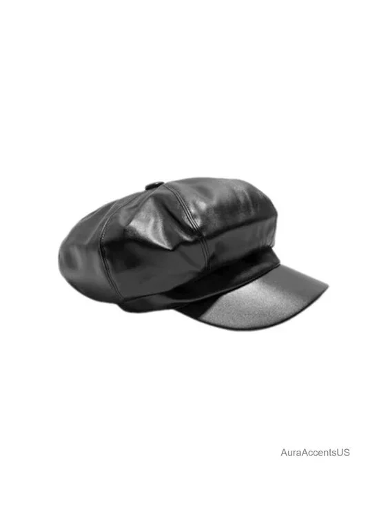 PU Leather Newsboy Hat Womens 8 Panel Cabbie Baker Boy Vintage Visor Cap