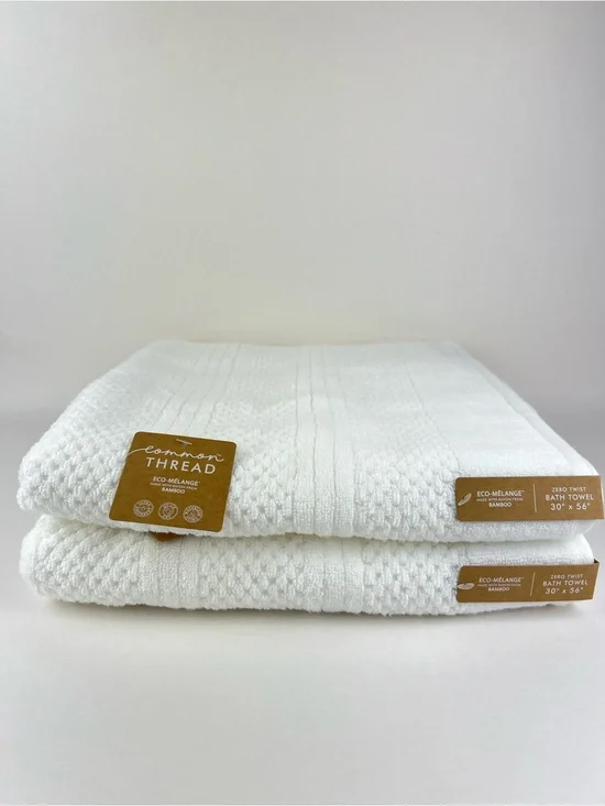 Common Thread Bath Towels White Eco Melange Bamboo Soft Cotton 2 Pc Set NEW