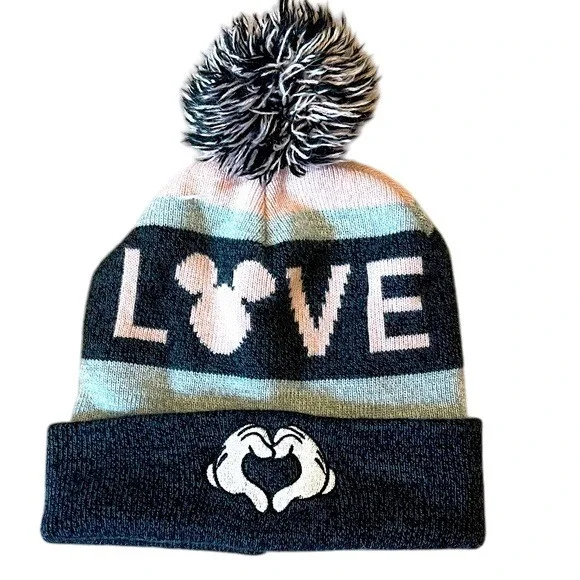 Disney Mickey‎ Mouse Women's Girls Love Pom-Pom Beanie Hat One Size NEW
