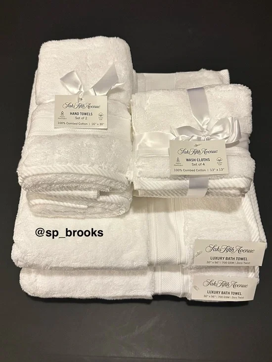 🎁8PC Saks Fifth Avenue Luxury Bath Towel Set -White Combed Cotton (700 GSM Bath)