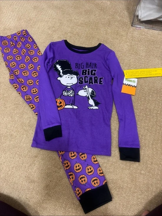 Peanuts Kids Purple and Black Halloween Pajama Set with Orange Pumpkin Print