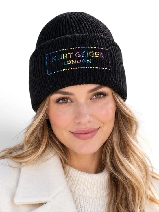 Kurt Geiger London Black Multi-Colored Crystal Logo Cuffed Ribbed Beanie NWOT