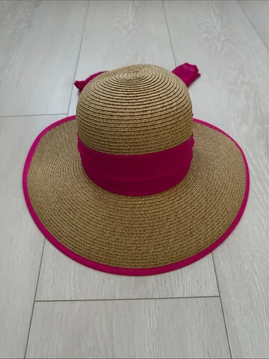 San Diego Hat Company Straw Sun Hat with Hot Pink Band and Trim