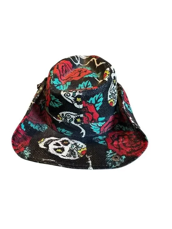 Peter Grimm Cowboy Hat Sugar Skulls/Rose Print Black Cotton Western Cowgirl EUC
