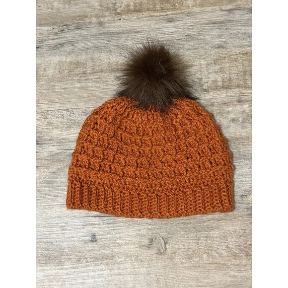 New Hand Crocheted Waffle Orange Acrylic Faux Fur Pom Pom Beanie Hat Women