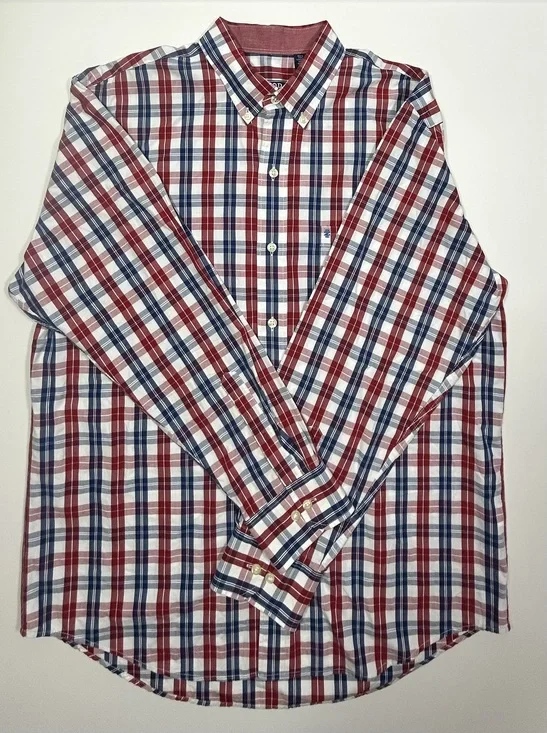Izod Red White Blue Plaid Button-Down Long Sleeve Shirt Size L