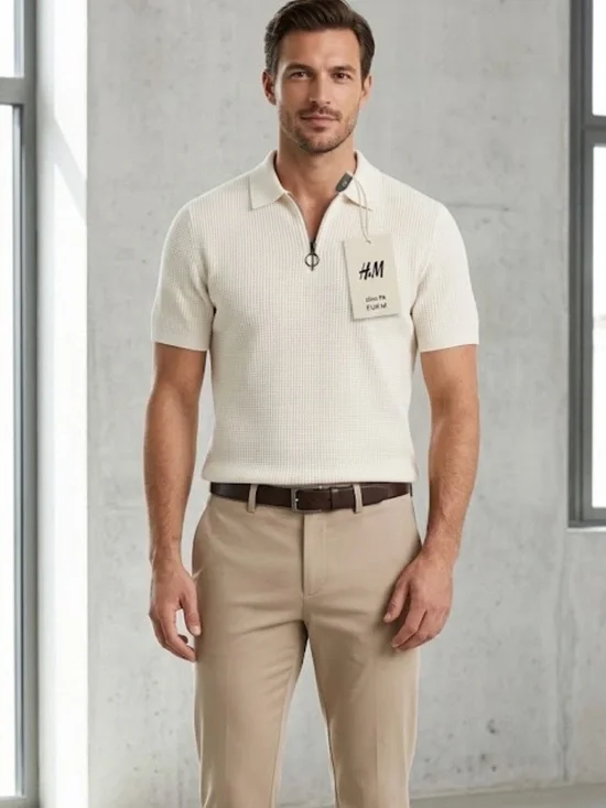 H&M Men's Cream Short-Sleeve Zip Polo Shirt