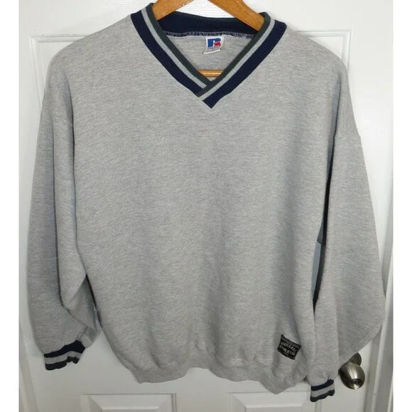 Vintage Russell Athletic Sweatshirt V-Neck Stripe Ribbed Trim Size XL USA Made
