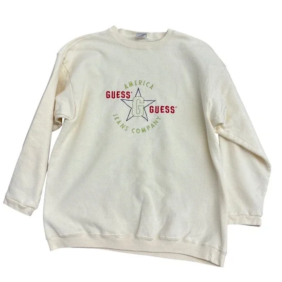 Vintage‎ Guess Georges Marciano Sweatshirt Mens Large Cream Embroidered 90s USA