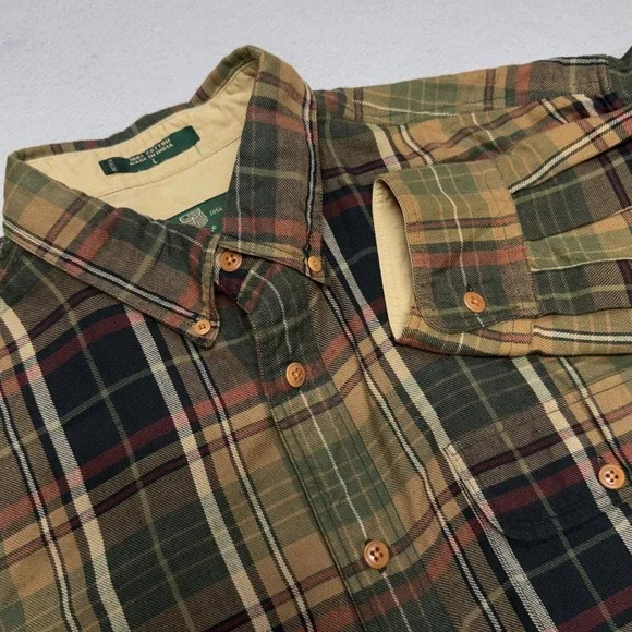 Orvis Heritage Flannel Button Down Shirt Mens Large Green Tan Plaid Cotton VTG