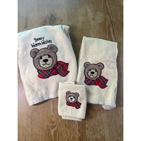 Vintage Christmas Bath Towel Set 3 Teddy Bear Tartan Plaid Beary‎ Warm Wishes