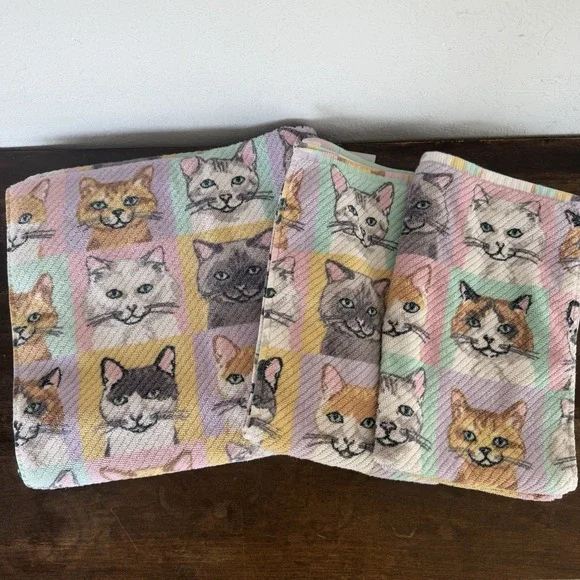 Deborah Connolly‎ Cat Face Bath Towels Set Pastel Checkered Cotton Cat Lady 3pc