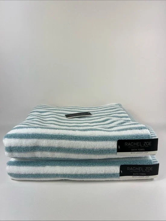 Rachel Zoe Bath Towels Classic Blue and White Striped Soft Cotton Set of 2 NEW