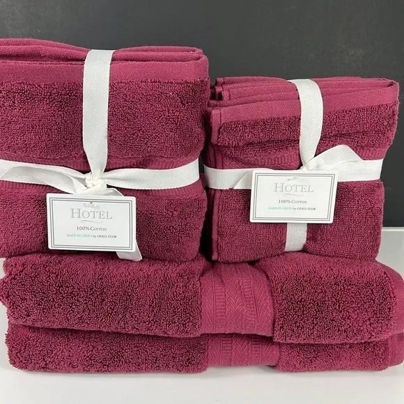 HOTEL Bath Towel Set Burgundy 100% Cotton Soft Absorbent - 8 Piece Set - NEW