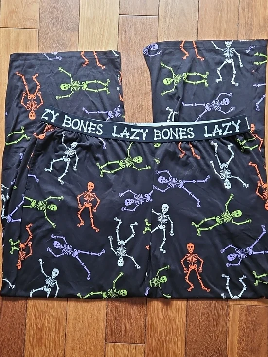 Black Skeleton Print Leggings with 'LAZY BONES' Waistband
