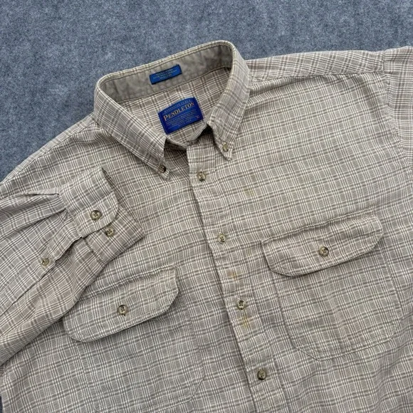 Pendleton Mens L Beige Plaid Cotton Button Down Shirt Dual Pocket Indonesia