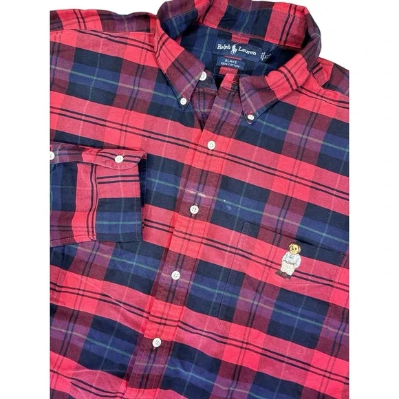 Ralph Lauren Blake Shirt Mens XXL Red‎ Plaid Button Down Long Sleeve Bear 90s