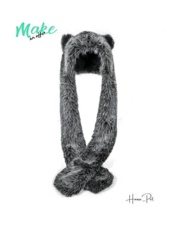 Faux Fur Wolf Hat 3-in-1 Scarf Mittens with Ears and Paws
