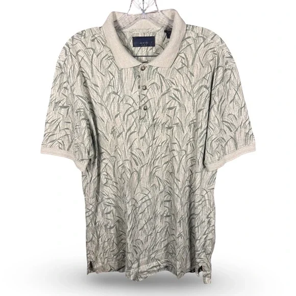 Axis LA Mens Medium Green Polo Grass Botanical Print Collared Short Sleeve