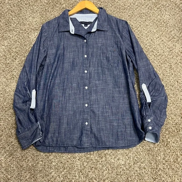 Tommy Hilfiger Mens Blue Chambray Roll Tab Long Sleeve Button Down Shirt Large