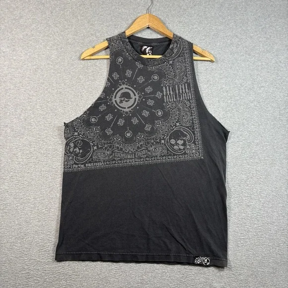 Vintage Metal Mulisha Tank Top Mens L Black Y2K Skull Bandana Cut Off Sleeveless