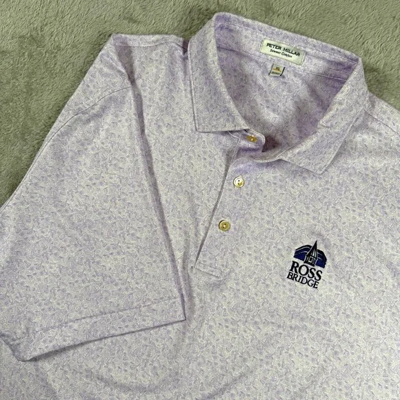 Peter Millar Summer Comfort Men's XL Purple/White Print Stretch Golf Polo Logo