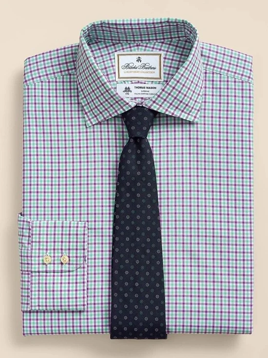 Brooks Brothers Thomas Mason Purple Green Check Dress Shirt NWT 17/33 Slim Fit