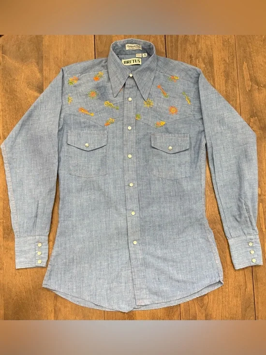 BRUTUS Light Blue Vintage Embroidered Western Shirt Sz S