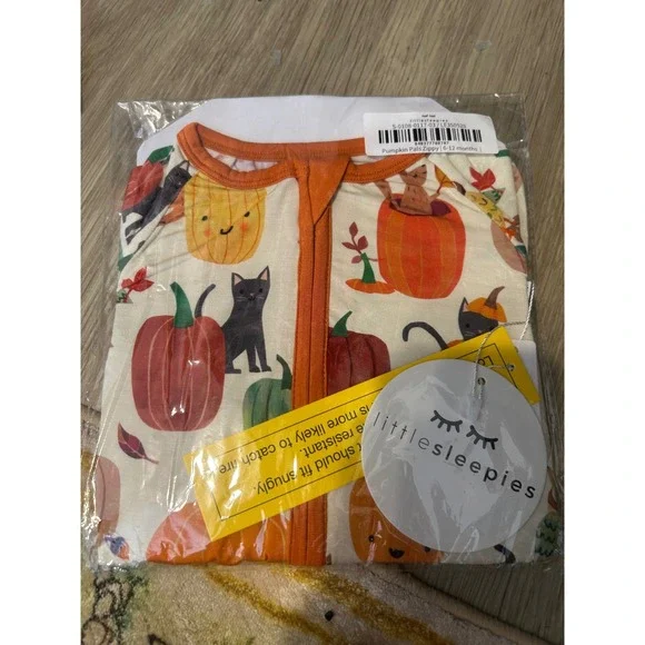 Little Sleepies Pumpkin Pals Zippy 6-12 Months Bamboo Halloween Cat NIB