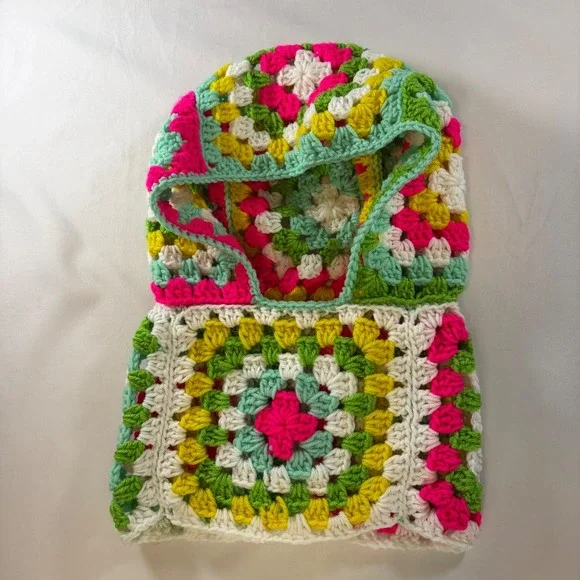 Handmade Crochet Granny Square Balaclava Hood Neck Warmer Multi-Color Boho
