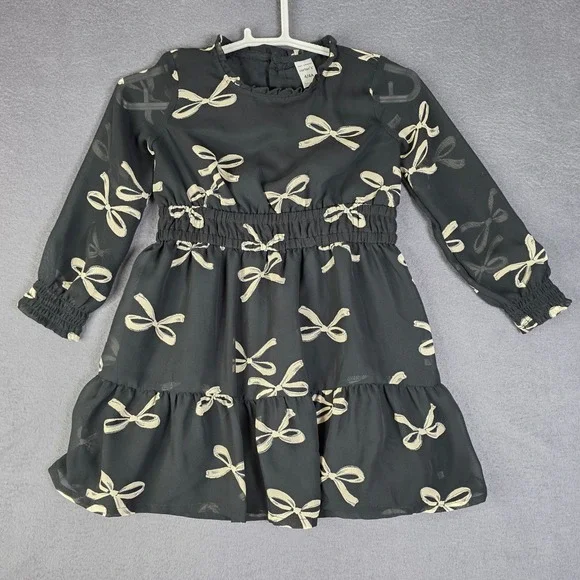 Carter's Chiffon Bow Dress Kids Size 4 Black Long Semi-Sheer Sleeve Tiered Lined