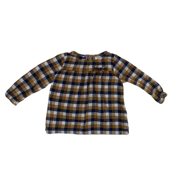 Carters 12M Mustard Yellow Navy Blue Gingham Plaid Long Sleeve Bow‎ Top 1J165910